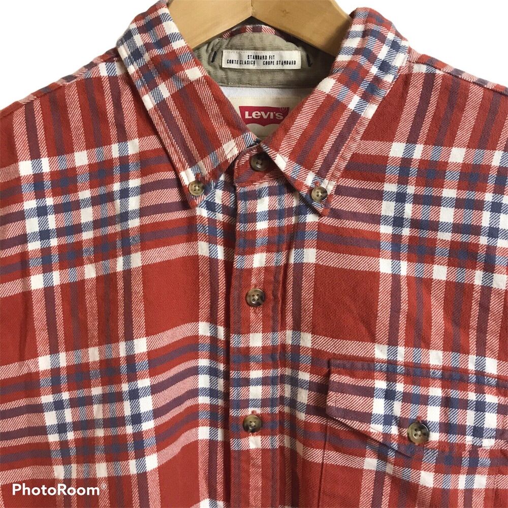 Levi's Shirt Mens Sz M Button-Down Flannel Cotton Brick Red Plaid Standard Fit